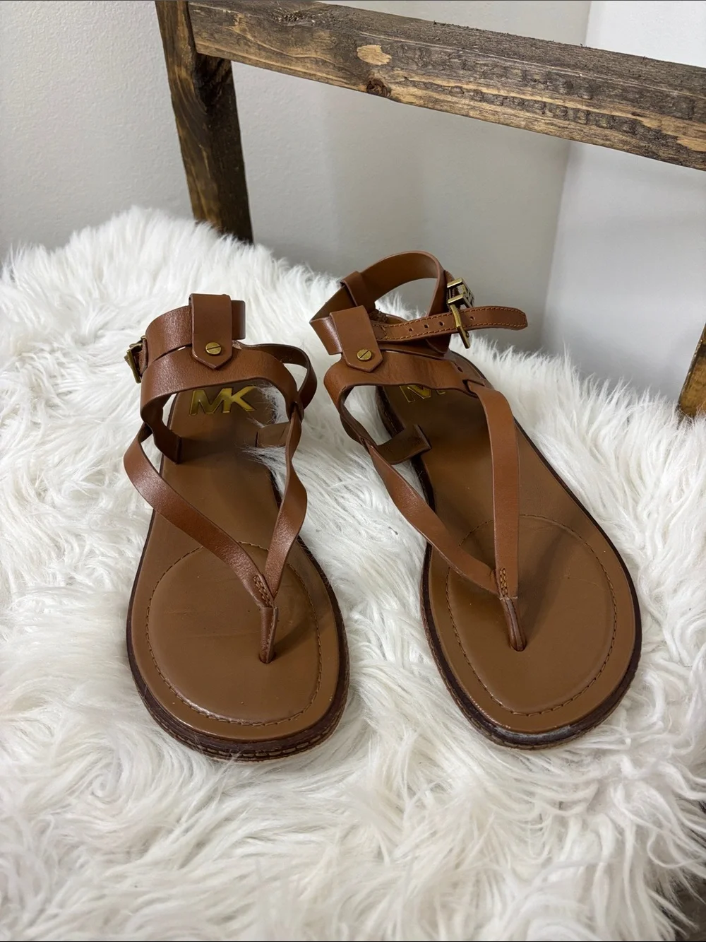Michael Kors Tan Brown Leather Ankle-Strap Thong Sandals Size 7